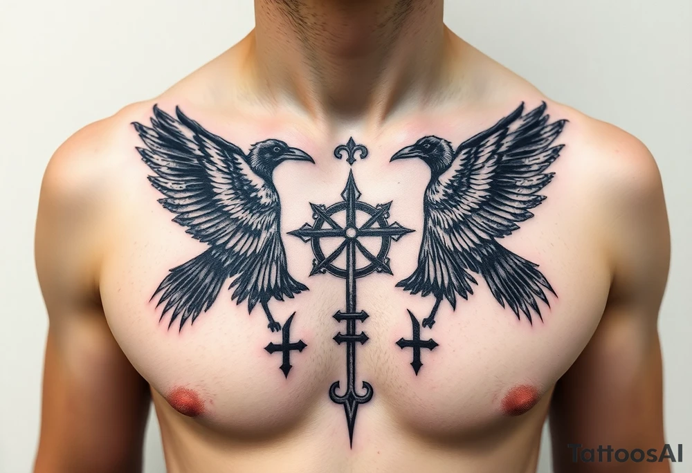 Chest tattoo, two ravens and icelandic symbols, dark brest tattoo tattoo idea