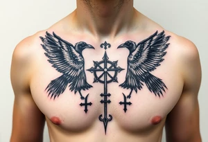 Chest tattoo, two ravens and icelandic symbols, dark brest tattoo tattoo idea