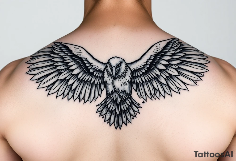majestic eagle spreading wings against mountain peaks tattoo idea
