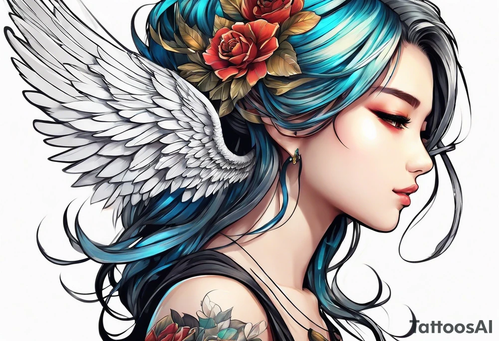 girl angel side profile, with wings, with floating halo, anime style tattoo idea