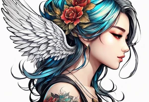 girl angel side profile, with wings, with floating halo, anime style tattoo idea