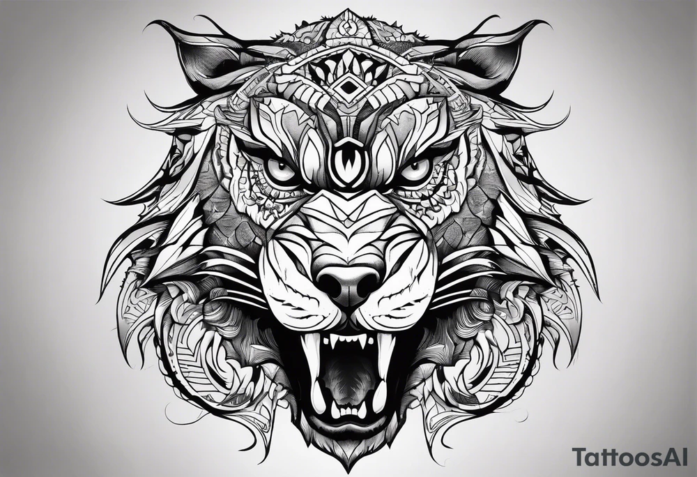 A tattoo designed for the knee, featuring the face of a mitological beast with wild, exaggerated features, such as sharp fangs, intense eyes, and a snarling expression. The design incorporates large areas of white space for contrast, with beams of light or energy radiating outward from the beast’s eyes in a chaotic and powerful pattern. The overall look should be bold and primal, with flowing lines that adapt naturally to the curvature of the knee. tattoo idea