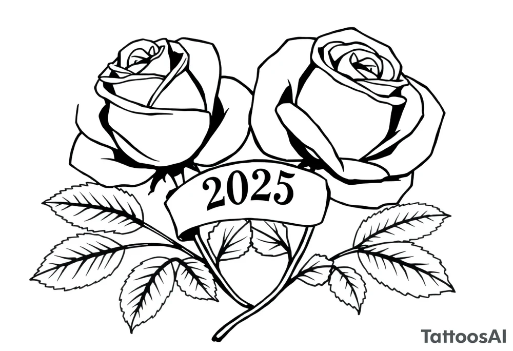 two beautiful large rose buds, one larger than the other, with many leaves next to the rose buds, with one sitting higher than the other. Include a banner connecting the two roses with the year "2025" on it.   Use dark outlines with little shading. The two stems should be short, not long, and connect and join into one stem, whimsically curved or twisted - not straight down. tattoo idea