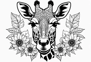 giraffe front view with sunflower and leafs tattoo idea