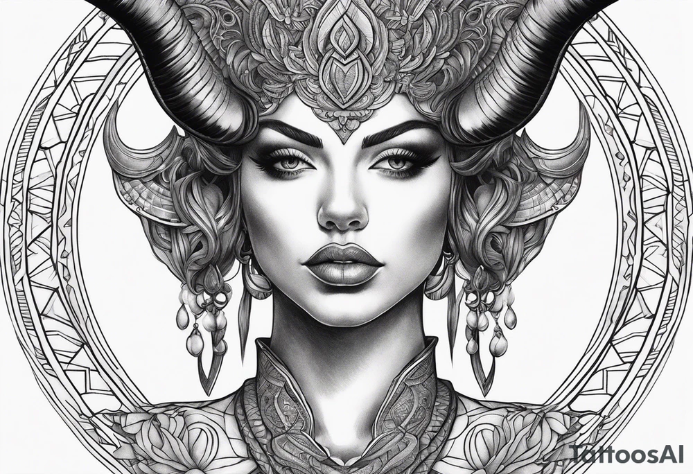 symmetrical woman head with curved horns facing downwards dark realism looking front facing view tattoo idea