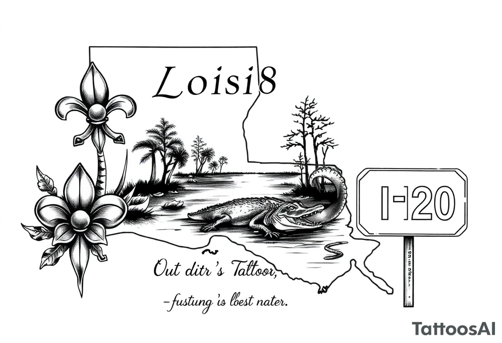 Louisiana state outline with fleur-de-lis, a bayou with a gator and trees , the 318 area code and and quote that says  Out the dirt, out the water, straight from 318 , a sign that says I- 20 tattoo idea
