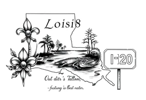 Louisiana state outline with fleur-de-lis, a bayou with a gator and trees , the 318 area code and and quote that says  Out the dirt, out the water, straight from 318 , a sign that says I- 20 tattoo idea
