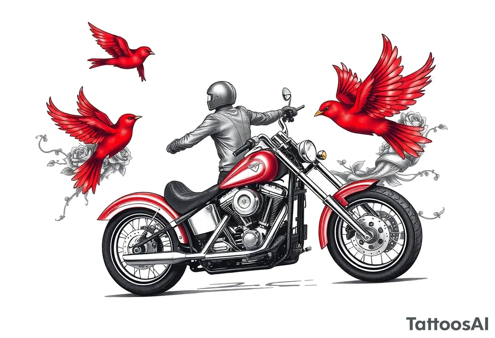 Harley motorcycle driving away, two red birds flying, roses and lace, flames tattoo idea