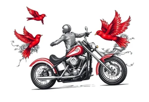 Harley motorcycle driving away, two red birds flying, roses and lace, flames tattoo idea
