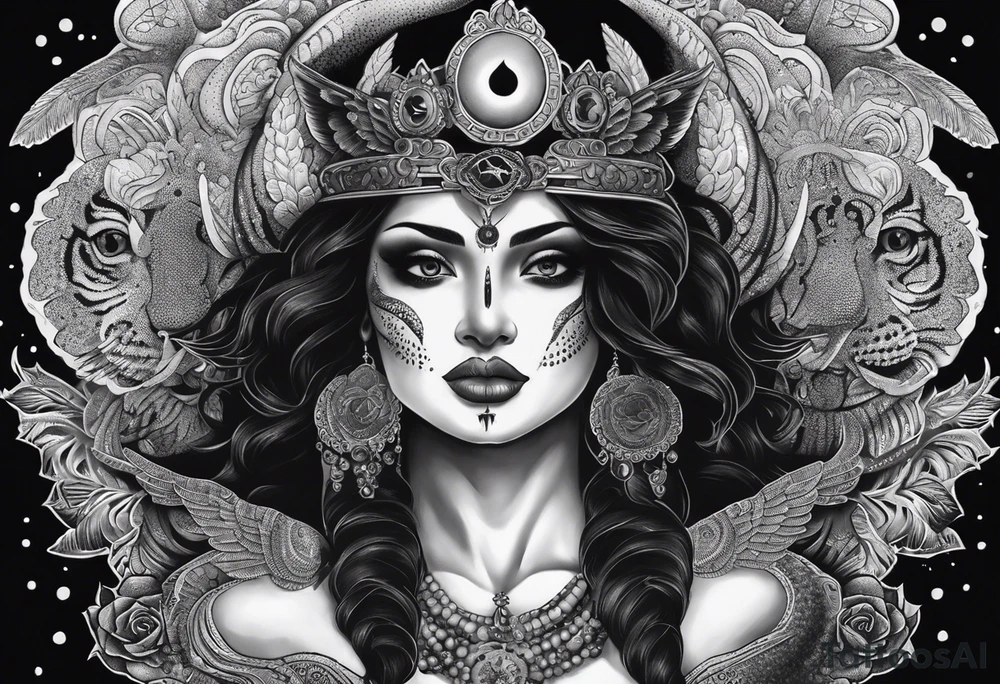 black kali, goddess pirate, alien, angel, pachamama, valkrye, warrior, flying, skull, lotus azul, wing, eagle, zenza resonance, stars, 5D, anahata chakra, death, durga, riding on a tiger, flying lady, kundalini, chest tatoo, samuri, rebel, serpent tattoo idea