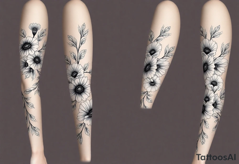 Brush style full sleeve with flowers. Not perfect lines. Abstract. Artistic. Unique tattoo idea