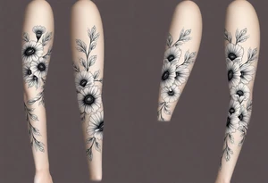 Brush style full sleeve with flowers. Not perfect lines. Abstract. Artistic. Unique tattoo idea