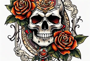 neo traditional Knee tattoo in fall colors showing a large skull with a rose in the style tattoo idea