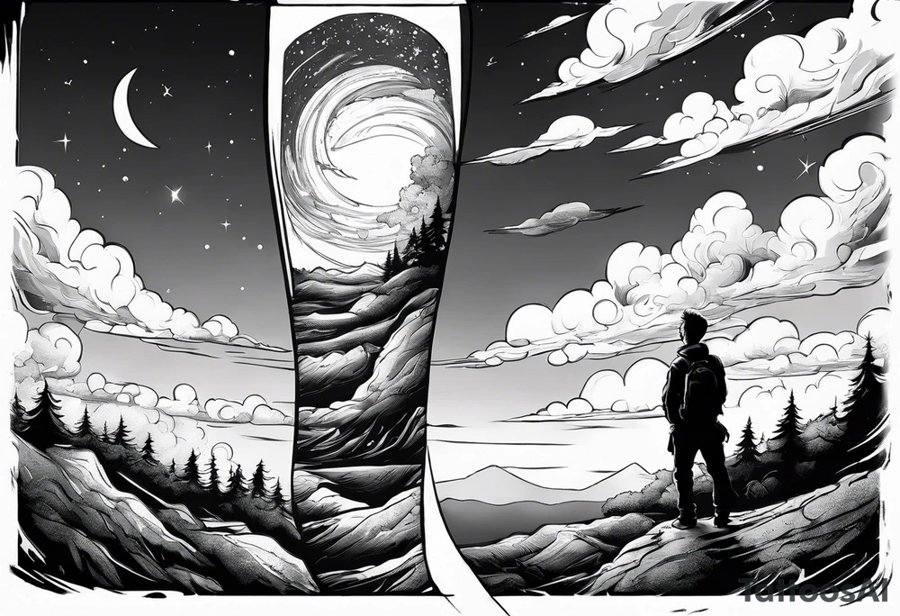 I want a arm sleeve where the sky is the background like the Calvin and Hobbes picture of them looking up at the sky tattoo idea