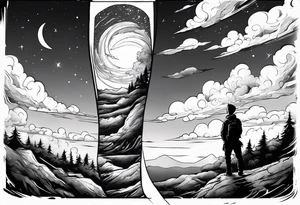 I want a arm sleeve where the sky is the background like the Calvin and Hobbes picture of them looking up at the sky tattoo idea