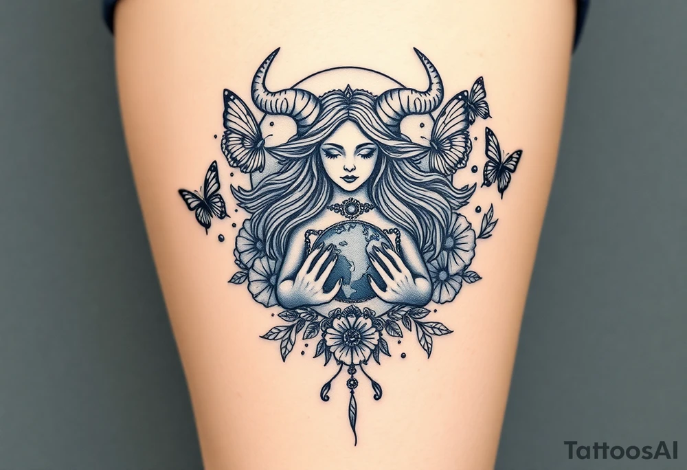 Taurus goddess with earth in her hands and butterflies and flowers all around her tattoo idea