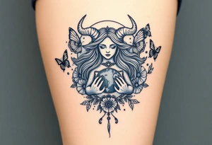 Taurus goddess with earth in her hands and butterflies and flowers all around her tattoo idea