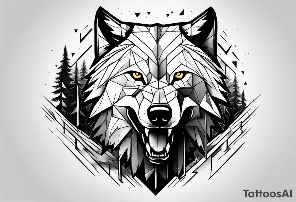 Powerful storm raging through forest with an alpha wolf snarling tattoo idea