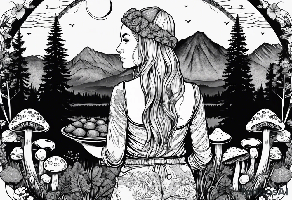 Whole picture encircled fully

Straight long blonde hair hippie girl in distance holding mushrooms in hand facing away toward mountains and creek surrounded by mushrooms long sleeve shirt and hiking pants; whole rendering within a full circle, no cut off circle tattoo idea