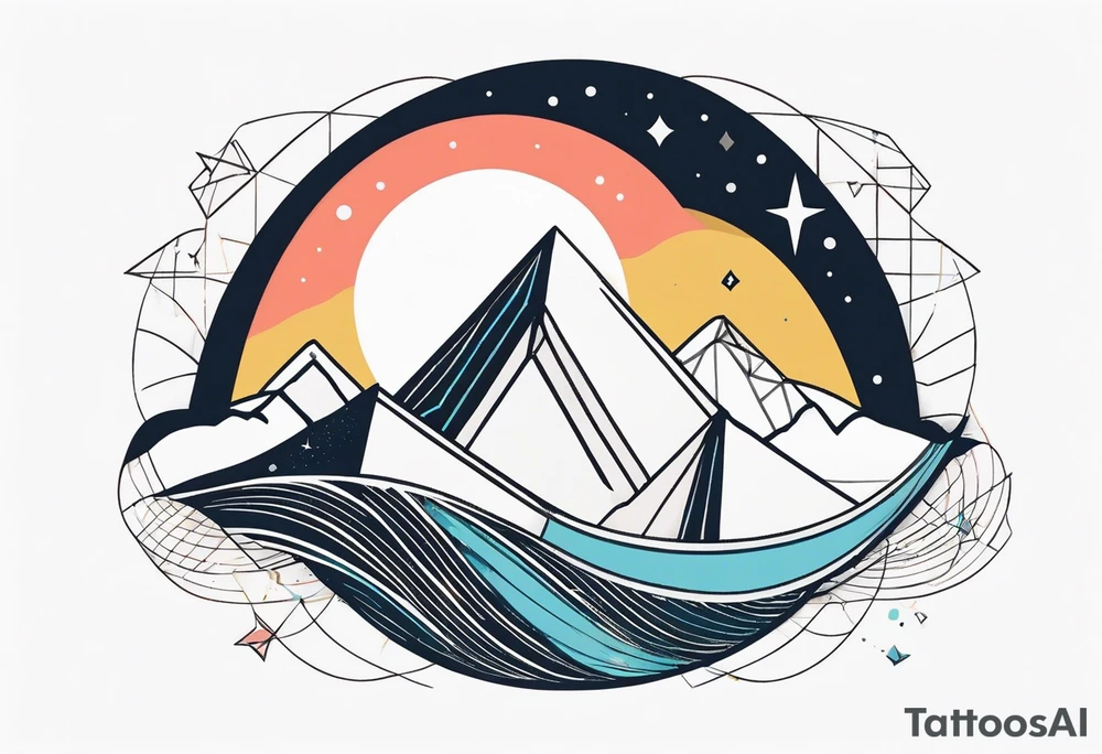 Mountain Massif, one Peak, only peak surrounded woth semi circle dashed Line, in semi circle two littel fine Stars coloured, waves overlapping in Side, Open geometrical Forms Like Diamond with Open lines tattoo idea