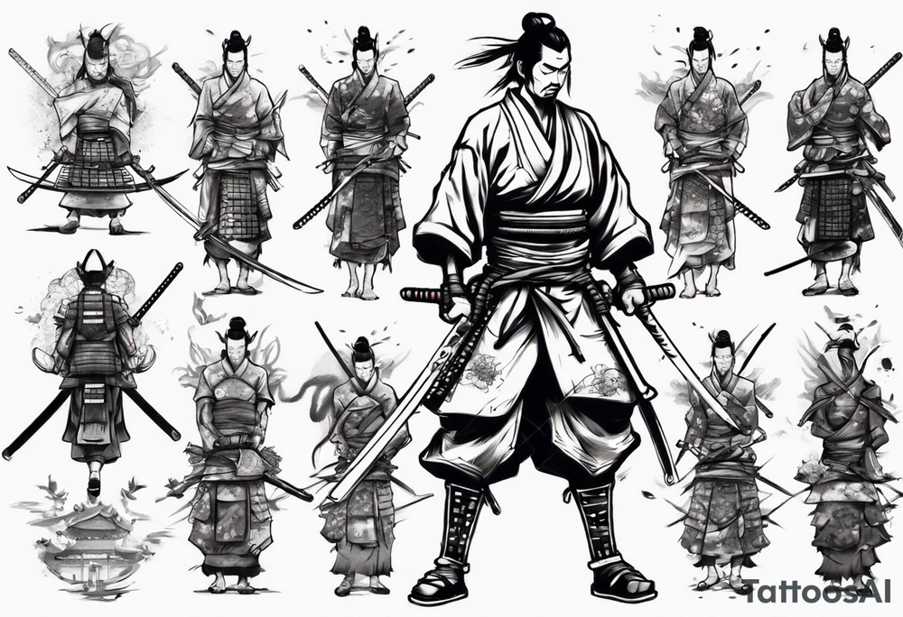 Samurai standing with his back among swords tattoo idea