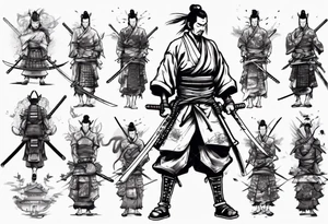 Samurai standing with his back among swords tattoo idea