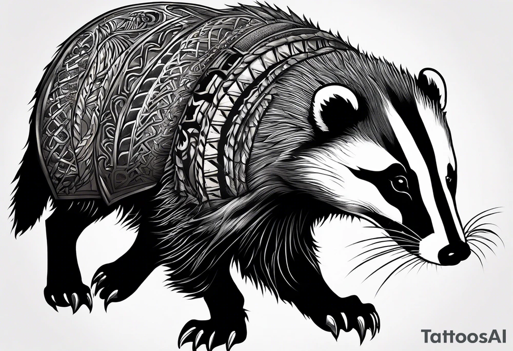 Draw me hunting badger with aggressive full body, killer face with a smile, very long nails and he attacks like a Turkish gladiator to enemy and also he has very deadly looking. The only weapon is his braveness he fights with his nails. Everybody scares after their first sight. And some horror type Badger this is real Hunter. tattoo idea