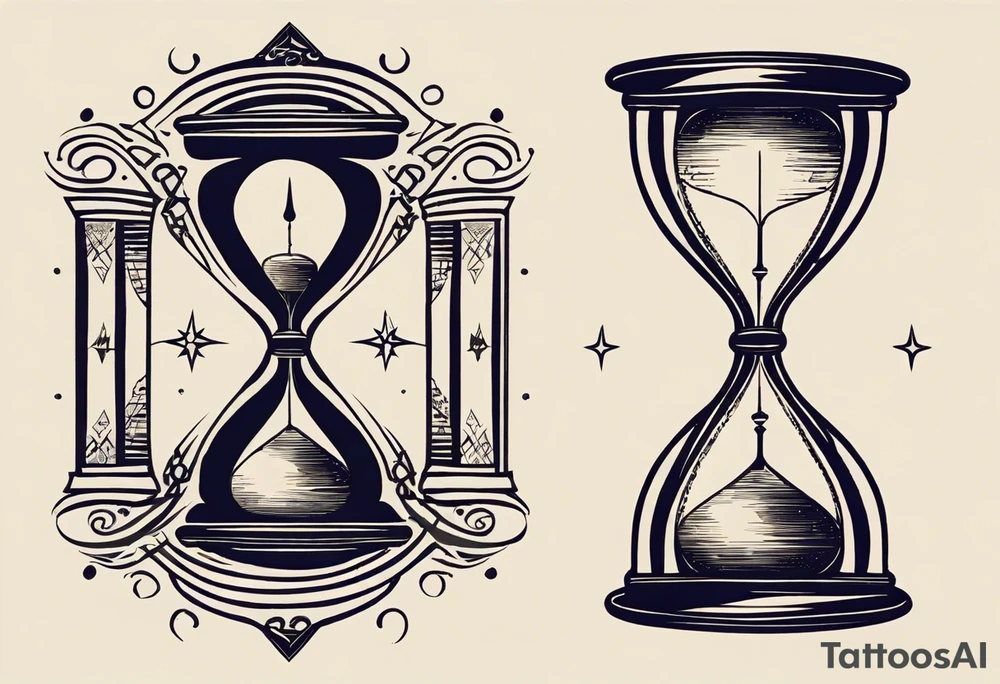 I want a tattoo-inspired design for a t-shirt that features a bold and detailed hourglass with a hand clock in the center, using Amazigh numerals for the clock numbers. The hourglass should have a strong, shaded look, with sharp lines resembling tattoo art. Planets and stars should orbit around the hourglass, giving it a cosmic and timeless feel. The design should be intricate, focusing on the flow of time and the universe, with the planets adding depth and movement. The overall aesthetic should be bold and detailed, in a blackwork tattoo style, without any flowers."black and whit design tattoo idea