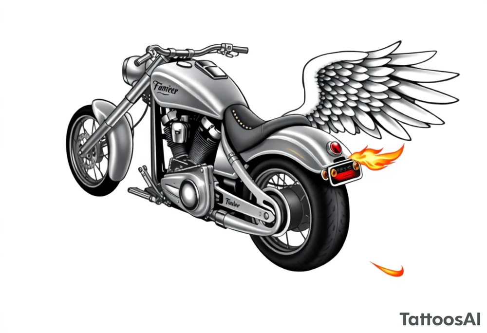 Low rider grey motorcycle, big muffler pipes with flames, angel wings, driving away, no person tattoo idea