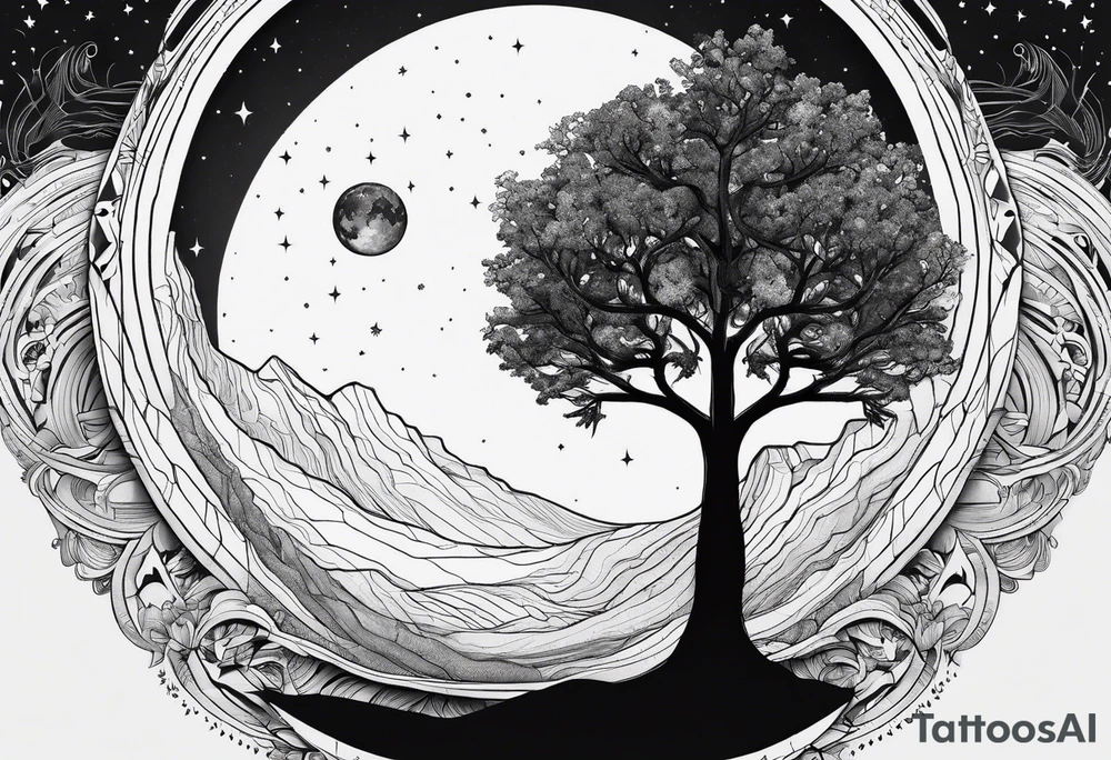 Tree with deep roots, the tree is holding the sun and the moon tattoo idea Tree with deep roots, the tree is holding the sun and the moon tattoo idea