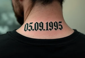 Sharp 05.09.1995 in stencil-style black numbers with hints of dark forest green behind. tattoo idea