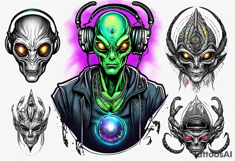 An alien DJ with a glowing third eye tattoo idea