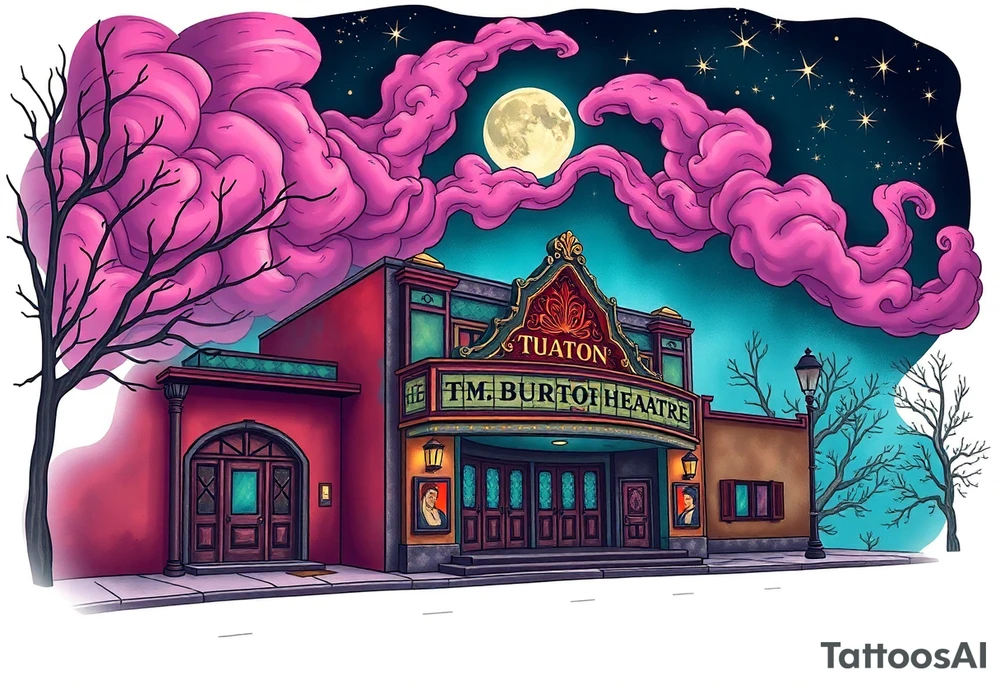 Tim Burton’s old theatre from outside view is the street abandoned and dripping with muted reds, dusty pinks, and eerie green glow purple and cyan smokey clouds swirl and dance in the moonlit night sky filled with twinkling stars  tattoo idea tattoo idea