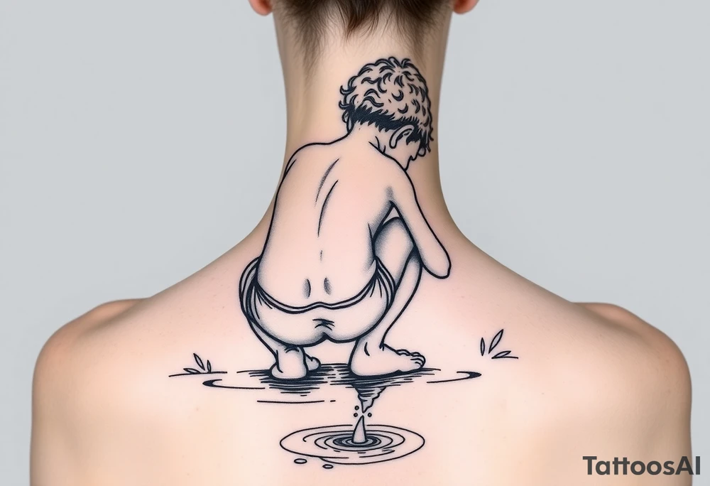 back view of curly headed son squatted down putting his fingers in the water/pond tattoo idea