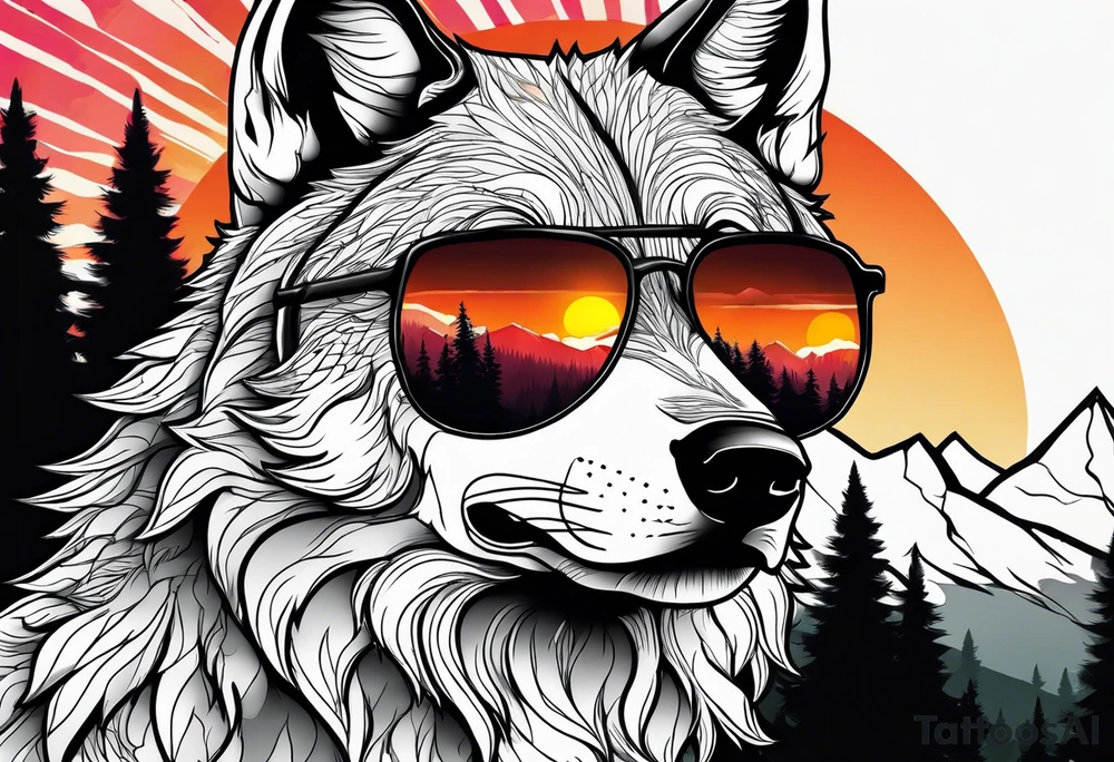 Badass wolf wearing sunglasses
Dark woods
Mountains
Sunset tattoo idea