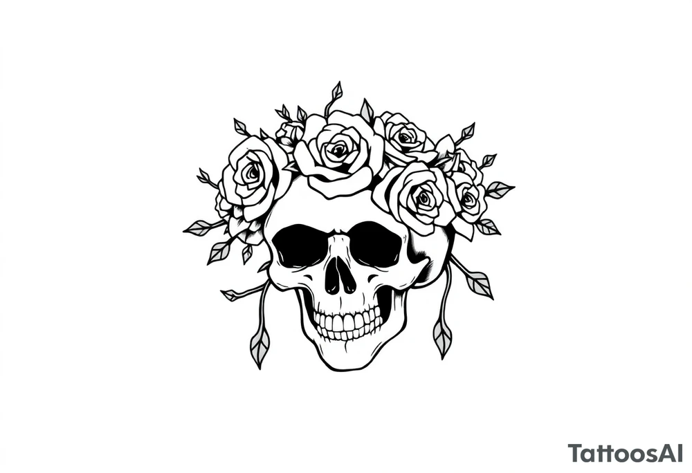 ornate skull adorned with crown of wild roses and thorns tattoo idea