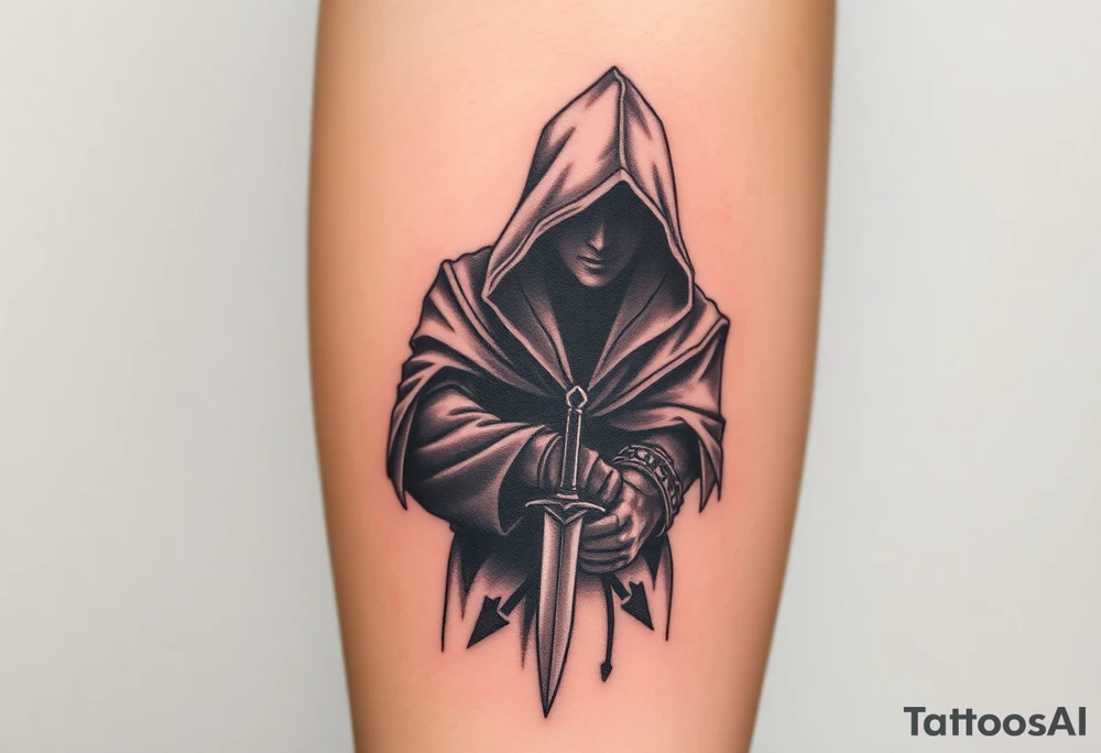 A hooded Templar assassin, hidden in the shadows, gripping a dagger, with the faint outline of a red cross glowing on his cloak tattoo idea