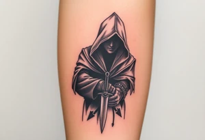 A hooded Templar assassin, hidden in the shadows, gripping a dagger, with the faint outline of a red cross glowing on his cloak tattoo idea