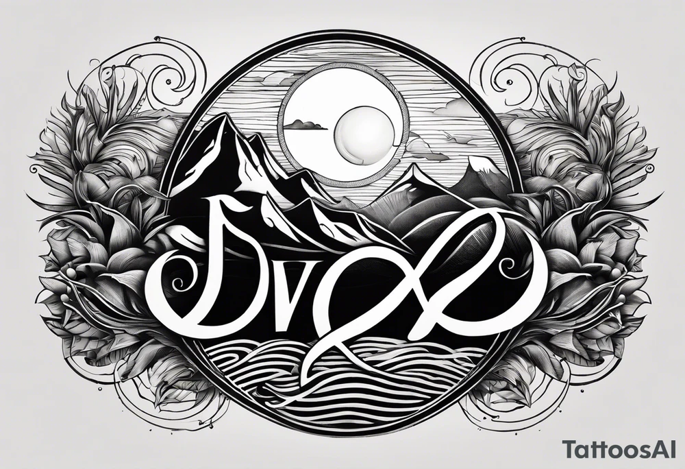The letters "Pura Vida" forming the gentle curves of ocean waves, with the "i" in "Vida" extending into a mountain peak. The sun could be subtly incorporated above the letters. It creates a harmonious blend of nature and the phrase. tattoo idea