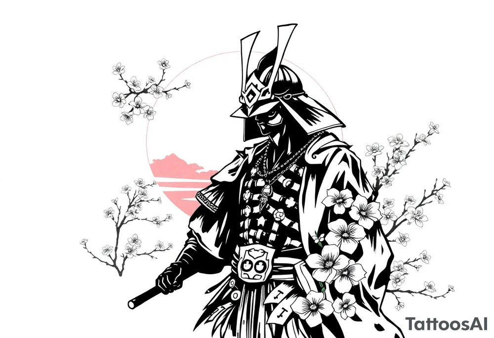 noble samurai warrior silhouette at sunset with cherry blossoms tattoo idea