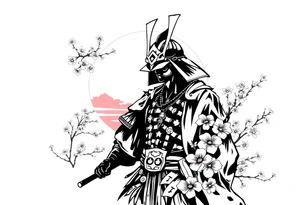 noble samurai warrior silhouette at sunset with cherry blossoms tattoo idea