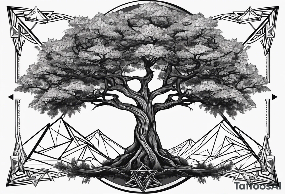 Yggdrasil tree with triangles set behind tattoo idea