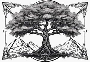 Yggdrasil tree with triangles set behind tattoo idea