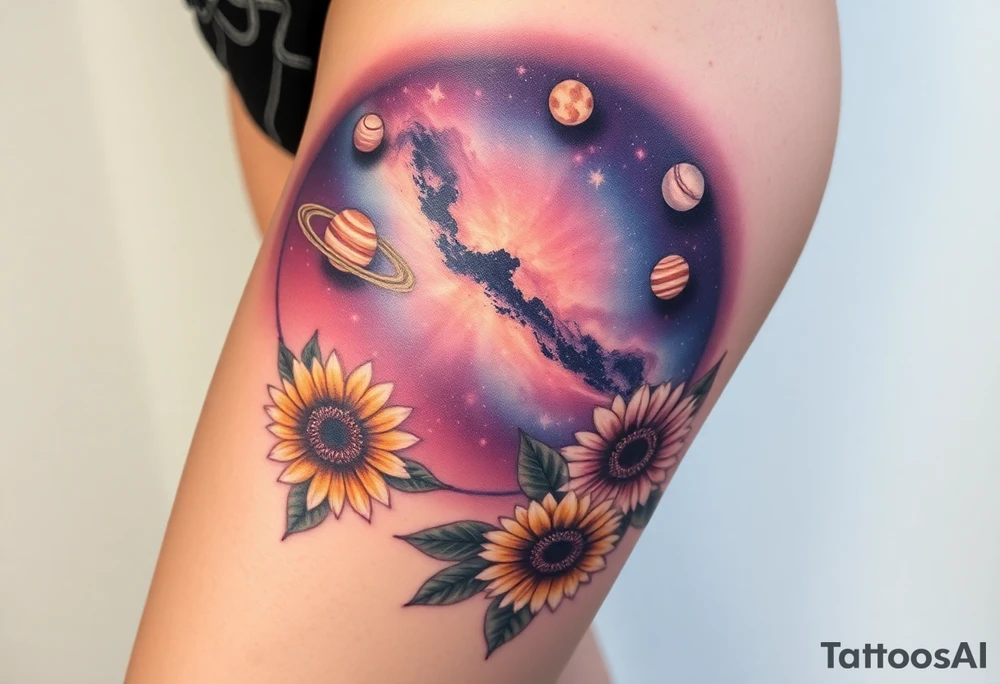 Milky way galaxy with planets with zodiac symbols and protection runes caught in it with tigerlillies roses and sunflowers tattoo idea