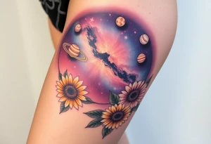Milky way galaxy with planets with zodiac symbols and protection runes caught in it with tigerlillies roses and sunflowers tattoo idea