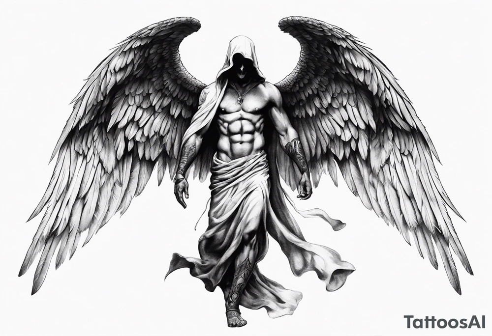 realistic full body of angel of death, without face, man tattoo idea