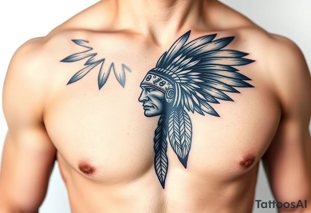 Native American chest color male left peck tattoo idea