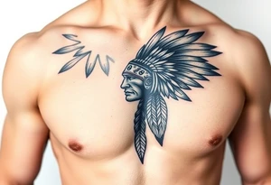 Native American chest color male left peck tattoo idea
