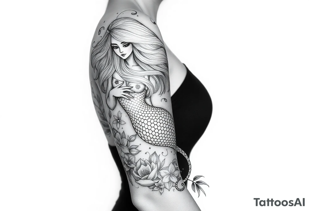 ethereal mermaid with flowing hair among coral and sea flowers tattoo idea