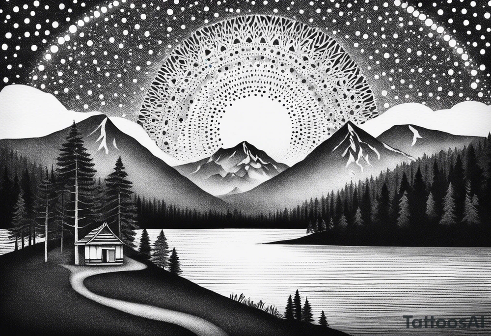 mountains, lake, yurt, sun, road tattoo idea